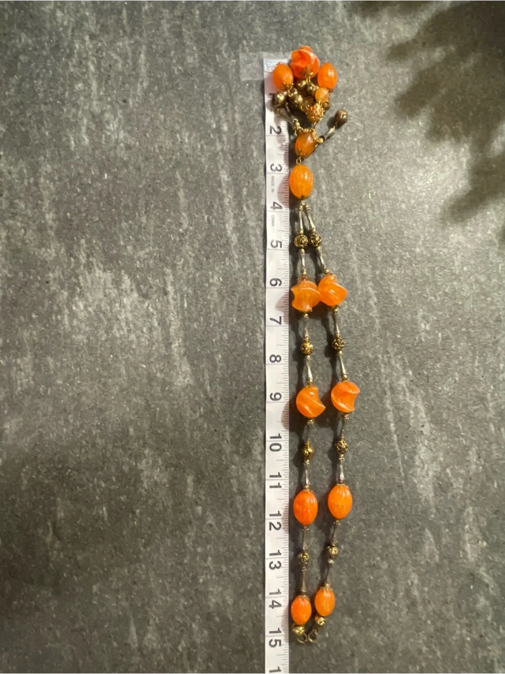 VTG‎ 1970s Orange Lucite & Brass Beaded Tassel Y Necklace Boho Statement Piece